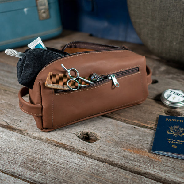 Leather Dopp Kit with Waxed Denim Mini Bag